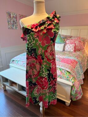 Lilly Pulitzer One-Shoulder Ruffle Floral Dress in Pink and Green